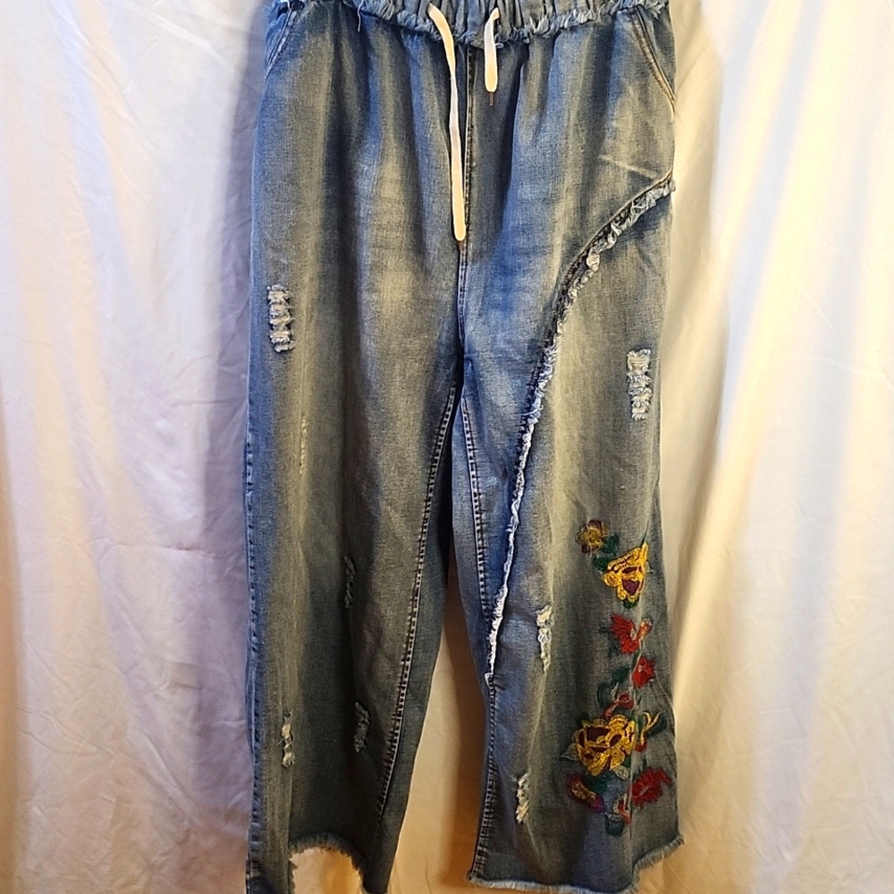 YESNO- Denim Jeans 100% Cotton Embroidered Wide Leg